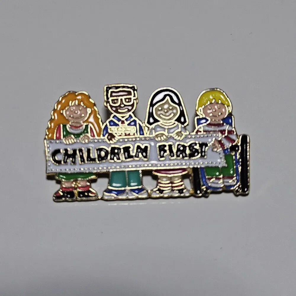 Vintage Children First Enamel And Gold Tone Lapel  Pin 1.5” x 7/8”